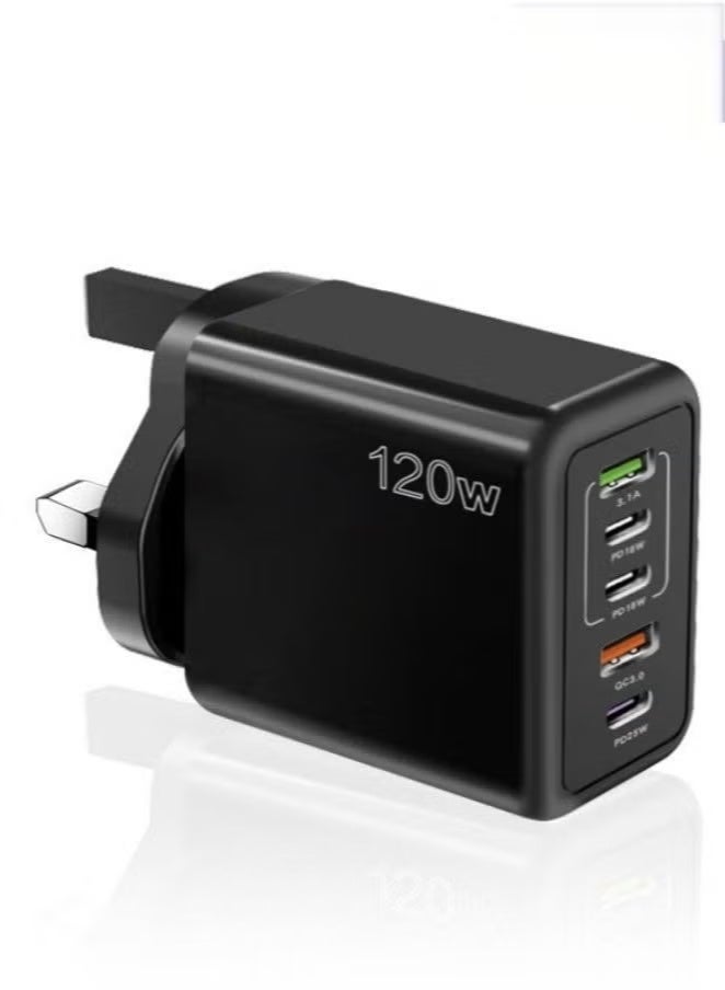 ای زون شاحن سريع من النوع C بقوة 120 واط بتقنية الشحن السريع PD QC 3.0 (أسود)، مزود بخمسة منافذ USB A وUSB C، متوافق مع أجهزة سامسونج جالاكسي S23/S22، وآيفون 15/14/13 برو ماكس، وماك بوك، وآيباد، وأجهزة الكمبيوتر المحمولة، وون بلس. - Image 3